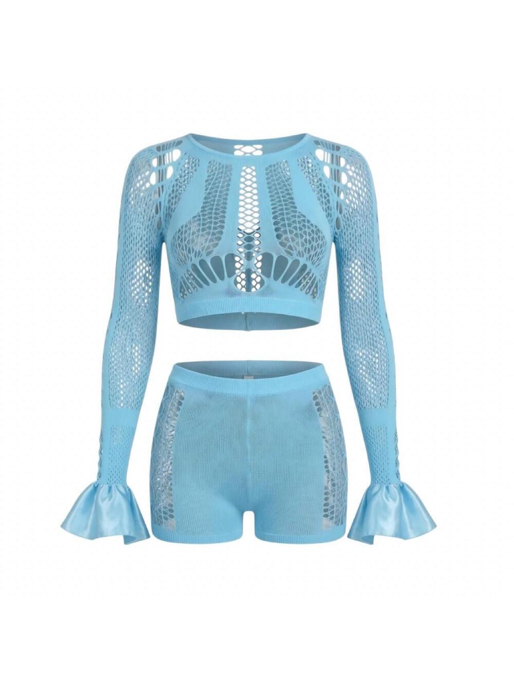 GrlFriday Shop Sky Blue Sheer Mesh Ruffle 2 Piece Set